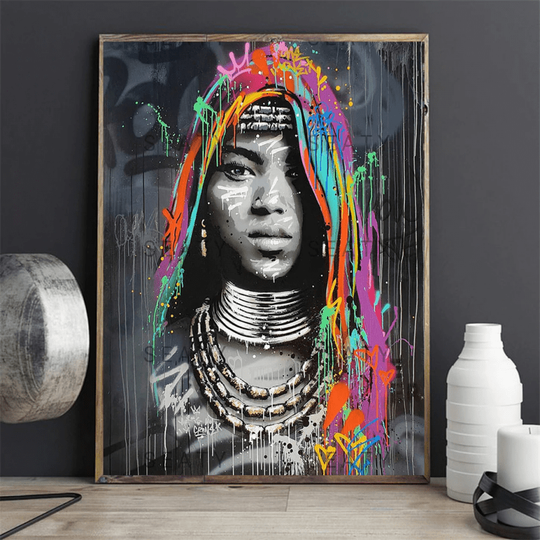 African Woman Graffiti Portrait Art Canvas Painting - Walling Shop